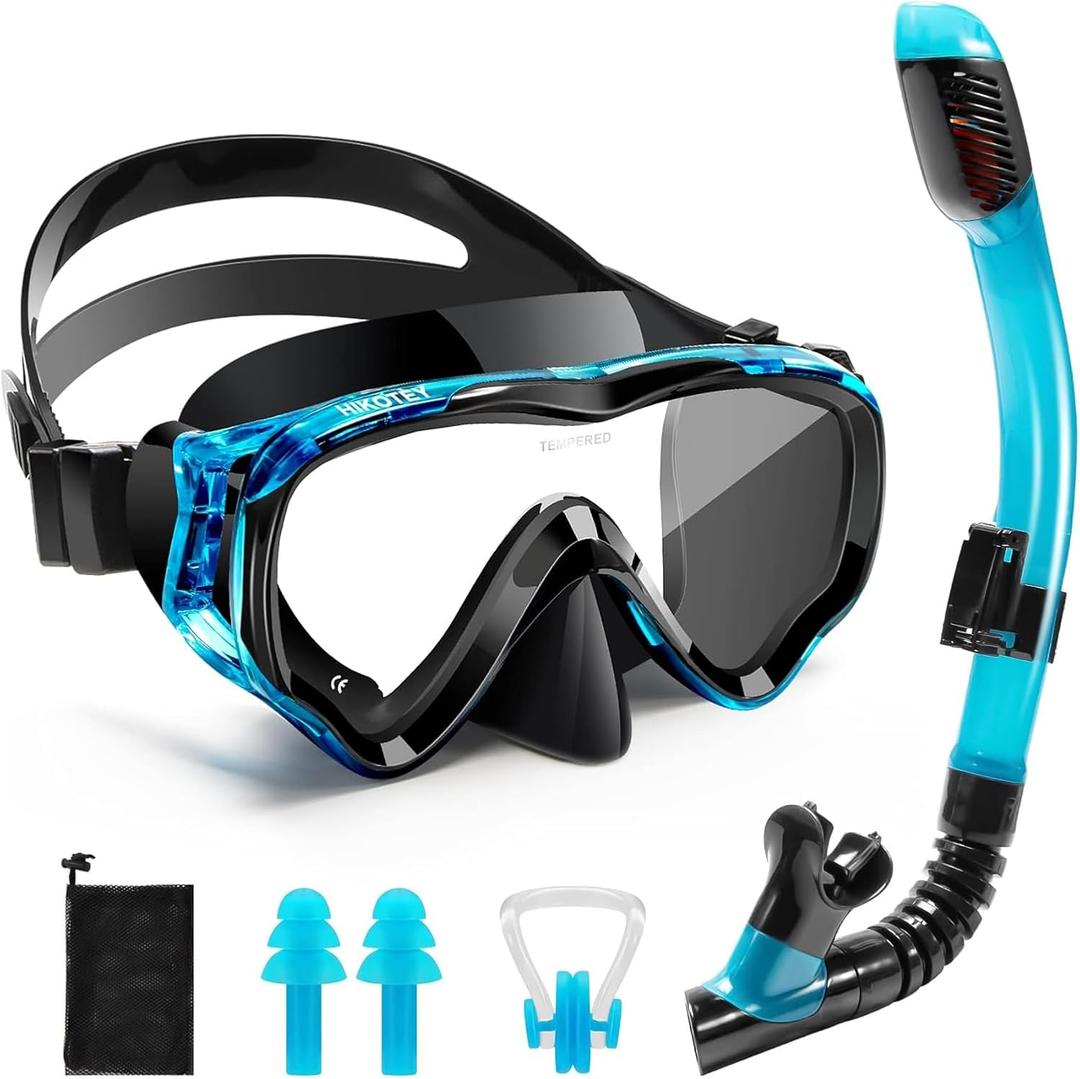 Snorkeling Set for Kids, Full Dry Snorkeling Mask Set for Adults, Anti-Fog Protection, Unisex,HD Panoramic View, Snorkeling Gear for Kids 4-14 Age (Blue+Black)