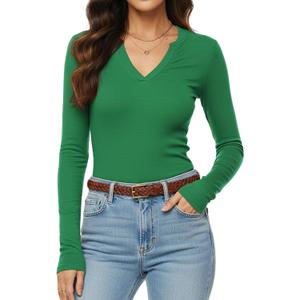 Meetrendi Womens Long Sleeve Shirts V Neck Casual Work Tops 2025 Fall Slim Fitted Basic Tee (X-Large, Kelly Green)