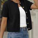 Trendy Queen Short Sleeve Cardigan Sweaters for Women Cropped Tops Summer 2026 Spring Outfits Cute Casual Y2k Fashion Clothes (Black, XL)