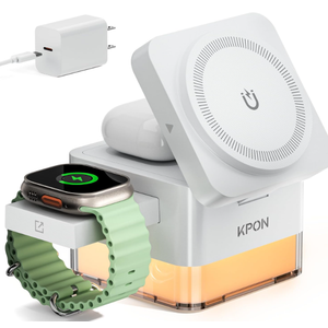 KPON for iPhone Nightstand Charging Station,15W 3 in 1 Wireless Phone Charger Stand with Night Lamp, Travel Foldable Magnetic Cube Magsafe Dock for iPhone 17 16 15 14 13 12 Series/Apple Watch/Airpods (White)
