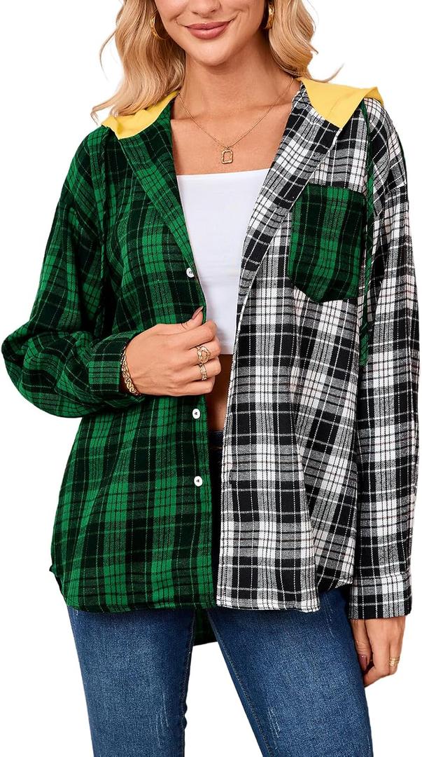 Women’s Button Down Shirt Plus Size Blouse Shirts Tartan Plaid Color Block Casual Oversized Boyfriend Hooded Outwear (M)