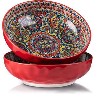 YUN TAO Large Serving Bowls Set - 10-inch Porcelain Bowls, 75 Oz Capacity, Vibrant Red Hue - Microwave and Dishwasher Safe for Salads, Pasta, Entertaining and Party (Set of 2)