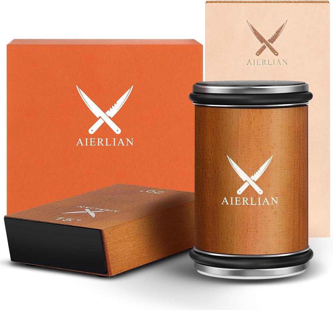 AIERLIAN Knife Sharpener Tool, Rolling Knife Sharpener Kit, Knife Sharpening with Diamonds and Ceramic for Steel of Any Hardness, Kitchen knife Sharpener with 15 & 20 Degree Magnetic Angle(Brown)