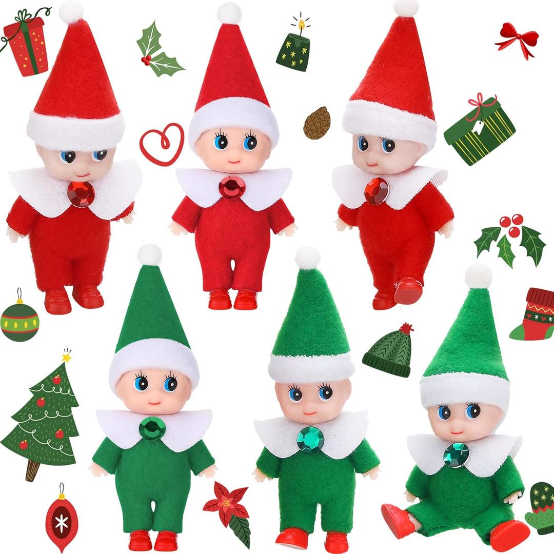 Skylety 6 Pieces Christmas Mini Elf Christmas Small Plush Twin Toys Boy and Girl Xmas Miniature Elf Accessories for New Year Xmas Stocking Stuffers(Red, Green)