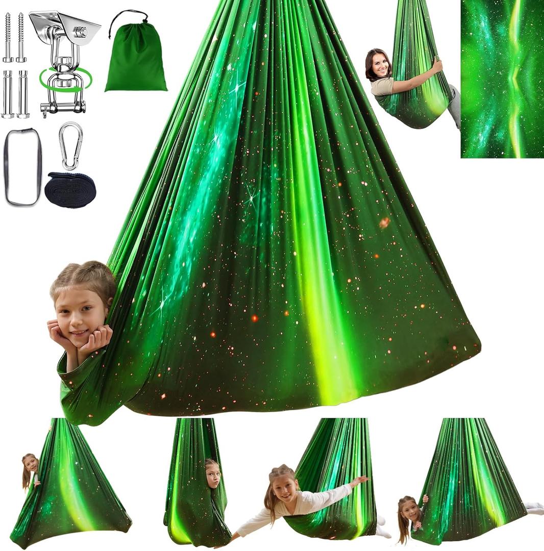 Sensory Swing for Kids Indoor & Outdoor Double Layer Therapy Cuddle Hammock Chair with 360 Swivel Hanger Kit Adjustable Swing for Child and Adult with Aspergers Autism ADHD (Aurora Green)