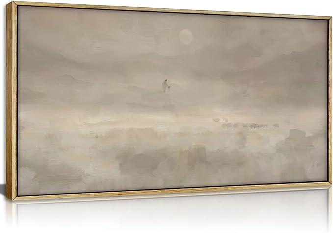 Wood Framed Jesus & Sheep Wall Art, Large Minimalist Christian Painting Canvas Prints, Jesus Leaves the 99 Sheep Picture, Modern Beige Religious Landscape Artwork for Bedroom Prayer Room 24×48 in