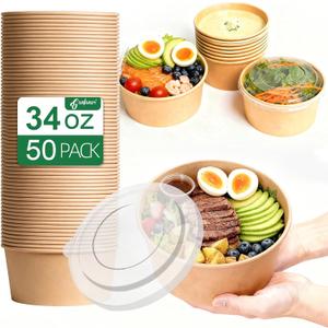 34oz Disposable Round Paper Bowls with Lid, 50 Sets Deli Container Box Spillproof Microwave & Freezer Safe, To Go Meal Prep Container for Lunch Work Meal, Sturdy for Picnic Camp Family