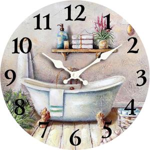 Vintage Bathtub 10 Inch Wooden Wall Clock - Silent Non-Ticking Battery Operated Decorative Clock for Kitchen, Home, Bedroom, and Office