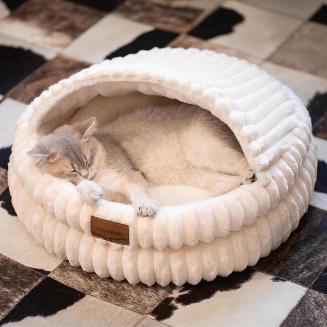 CHEERPALS Cat Cave Bed for Indoor Cats, Washable Covered Cat Bed Hooded Kitty Bed Soft Fluffy Pet Bed for Puppy and Small Dog(White)