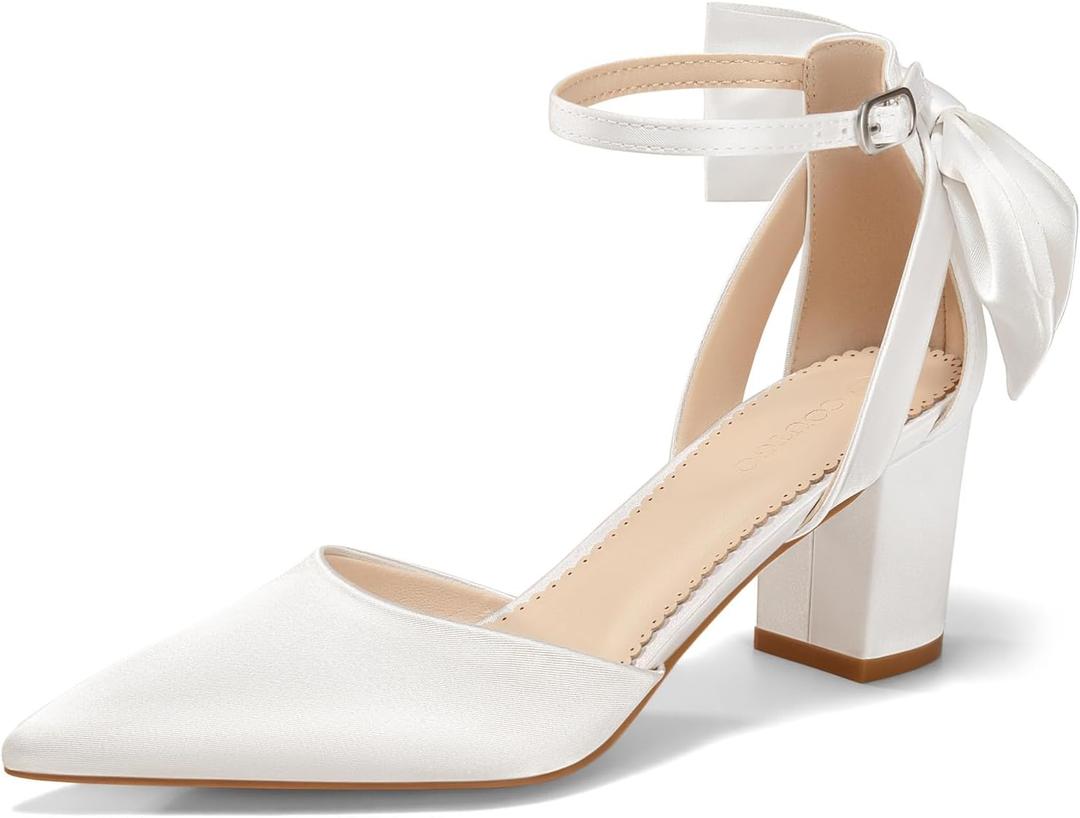 Coutgo Womens Chunky Heels Low Heel Ankle Strap D'Orsay Pumps Closed Pointed Toe Wedding Bridal Shoes, White, Size 9.5