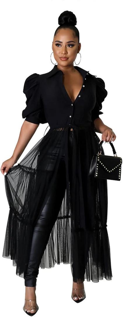 Ekaliy Women Sexy Short Sleeve Bodycon High Low Asymmetrical Ruffle Tunics Blouse Shirt Top Dress (Black) XL