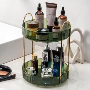 Rotating Makeup Organizer Countertop 2 Tier Lazy Susan Trays Clear Skincare Perfume Storage for Bathroom Counter Vanity, Green Gold