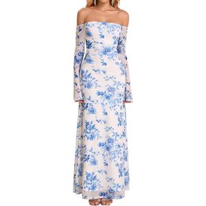 Women Fall Long Sleeve Floral Bodycon Maxi Dress Sexy Off Shoulder Ruched Wedding Guest Formal Party Long Dresses L