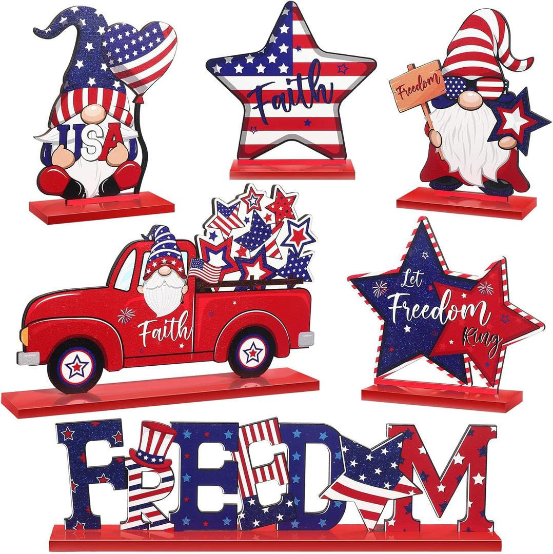 Qunclay 6 Pieces Patriotic Table Decor Memorial Day Table Decorations Wooden Gnome Freedom Truck Star 4th of July Table Signs for Veterans Day Independence Day Table Topper Decor Supplies (With Base)