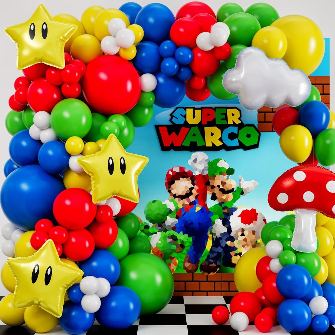 ALL-IN-1 Video Game Balloon Arch Kit with BONUS Mushroom, Cloud & Star Balloons - Red Blue Green Yellow Balloon Garland for Gamer Birthday Party Decorations & Party Supplies