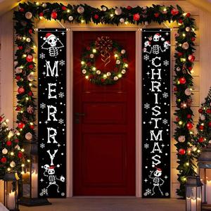Christmas Door Banner Funny Skeleton Hanging Sign Spooky Vibes Front Door Decor Yard Wall Indoor Outdoor Party Decorations 12x71 Inch