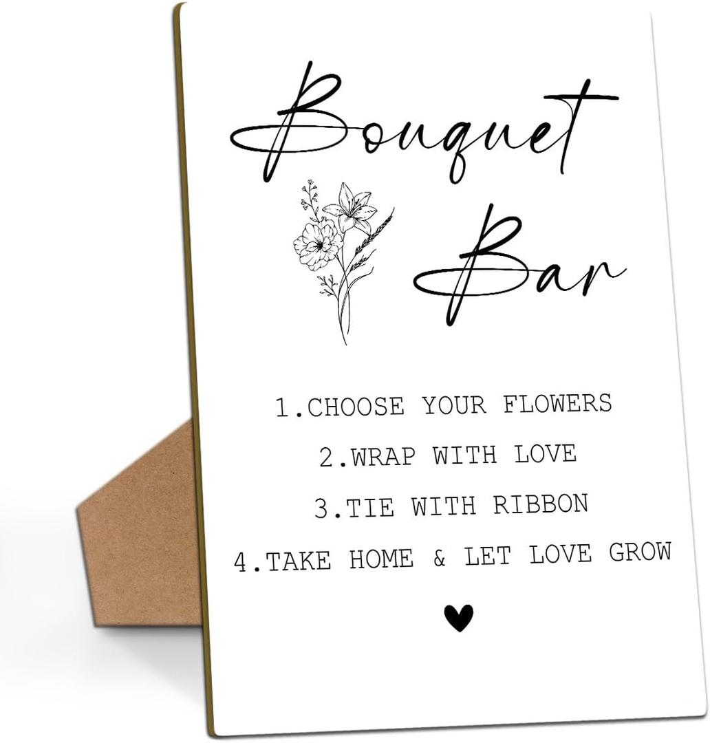 Flower Bouquet Bar Sign, Bridal Shower Sign 8 x 11, Flower Bar Wooden Sign with Stand, Wedding Welcome Sign, Elegant Minimalist Style Wedding Table Top Decor for Wedding Reception Bridal Shower -03