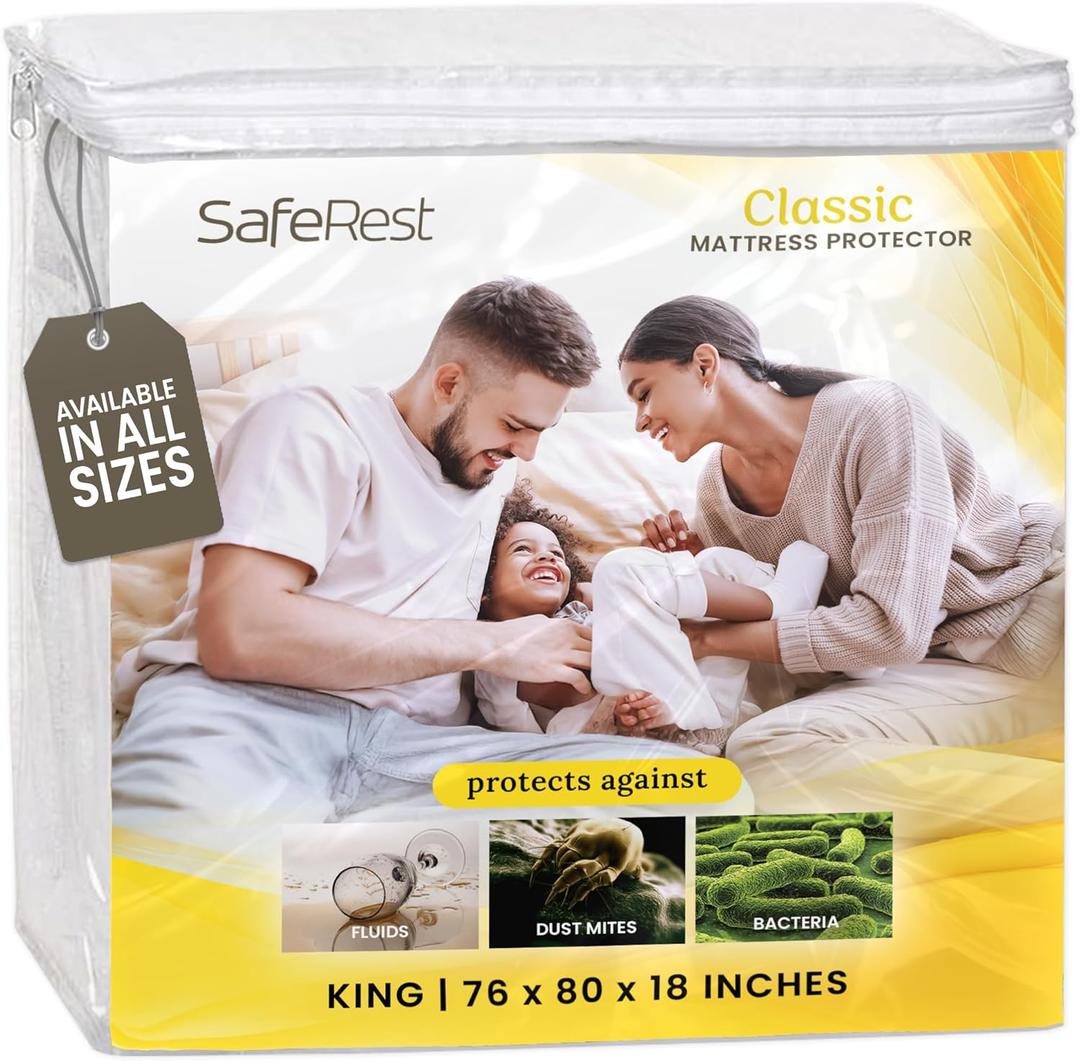 SafeRest Waterproof Mattress Protector King Size Absorbent Breathable Soft Fitted Bed Cover with 18" Deep Stretchable Pockets Machine Washable King Mattress Cover