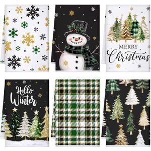 Geyoga 6 Pcs Christmas Kitchen Towels Christmas Tree Snowman Snowflakes Dish Hand Towels Xmas Winter Holiday Soft Absorbent Tea Dishcloths for Housewarming Gift (Black and Green)