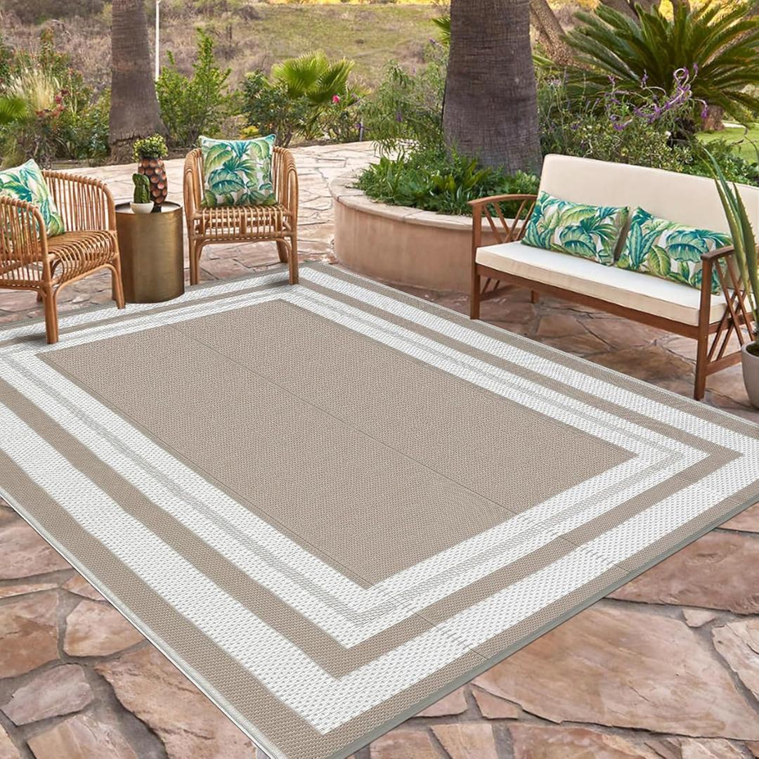 GarveeHome Outdoor Rug 9x12' Waterproof Patio Rug Reversible Plastic Straw Rug Camping Rug Modern Geometric Portable Foldable Large Rugs for RV Porch Balcony Picnic Beach Backyard Grey Beige Panel