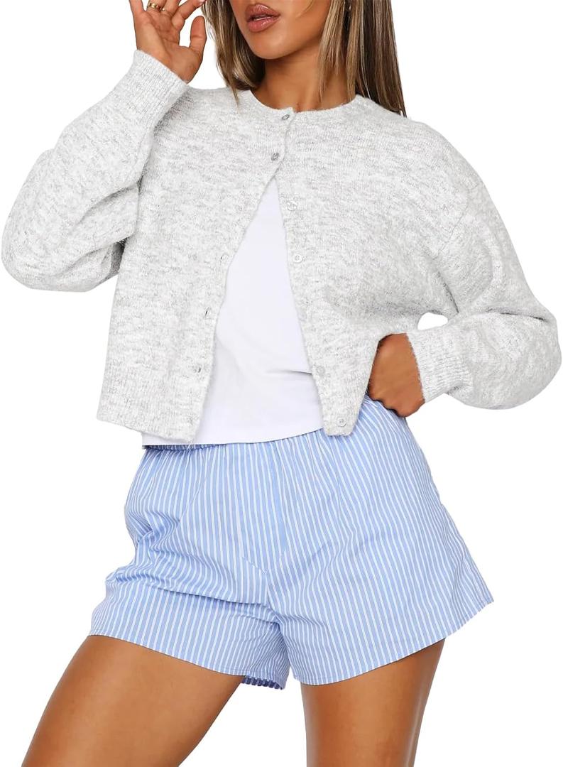 Trendy Queen Cropped Cardigan Sweaters for Women Lightweight Crop Cotton Knit Y2k Fall Outfits Fashion Clothes 2025 (Medium, Grey)