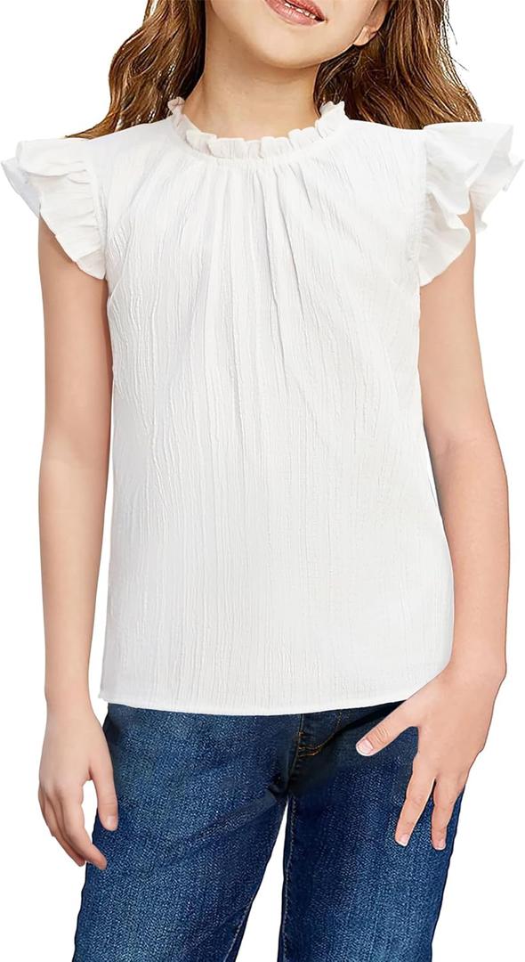 Arshiner Girls Ruffle Short Sleeve Shirts Cute Summer Frill Neck Pleated Textured Blouse Tops (10-11 Years, White)