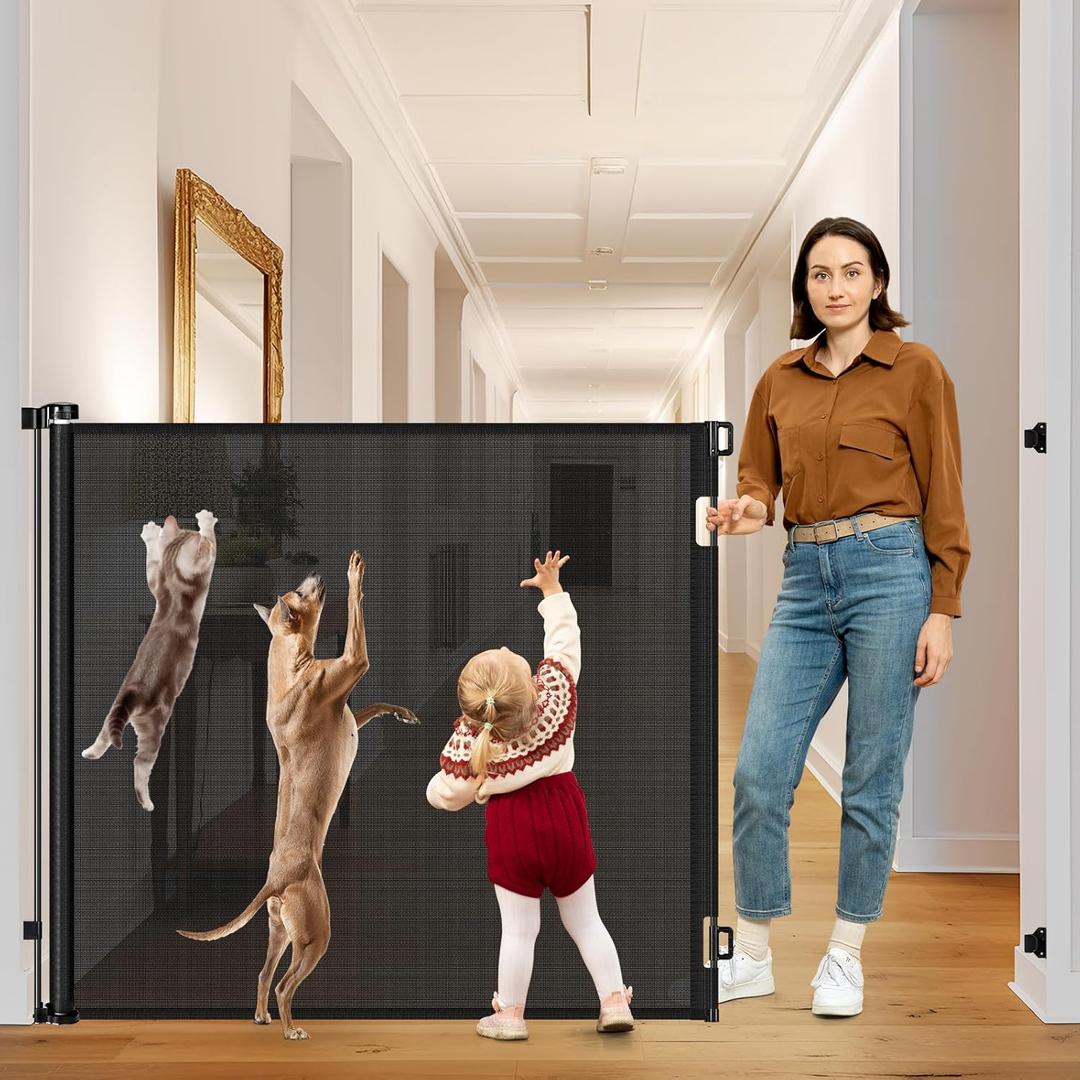 48 Inch Extra Tall Dog Gate Retractable Baby Gates Extra Wide Retractable Dog Gate Indoor 85" Wide Mesh Baby Gates for Doorways Scratch-Resistant 4ft Tall Prevent Kids/Pets from Jumping Over, Black