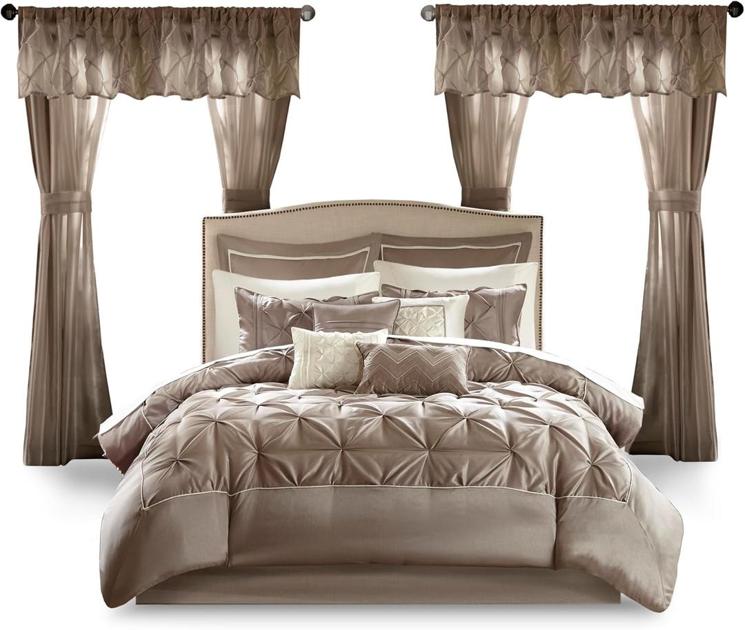 Madison Park Essentials Room in a Bag Faux Silk Comforter Set - Luxe Diamond Tufting All Season Bedding, Matching Curtains, Decorative Pillows, Taupe King, 24 Piece (King (104 in x 92 in), Taupe)