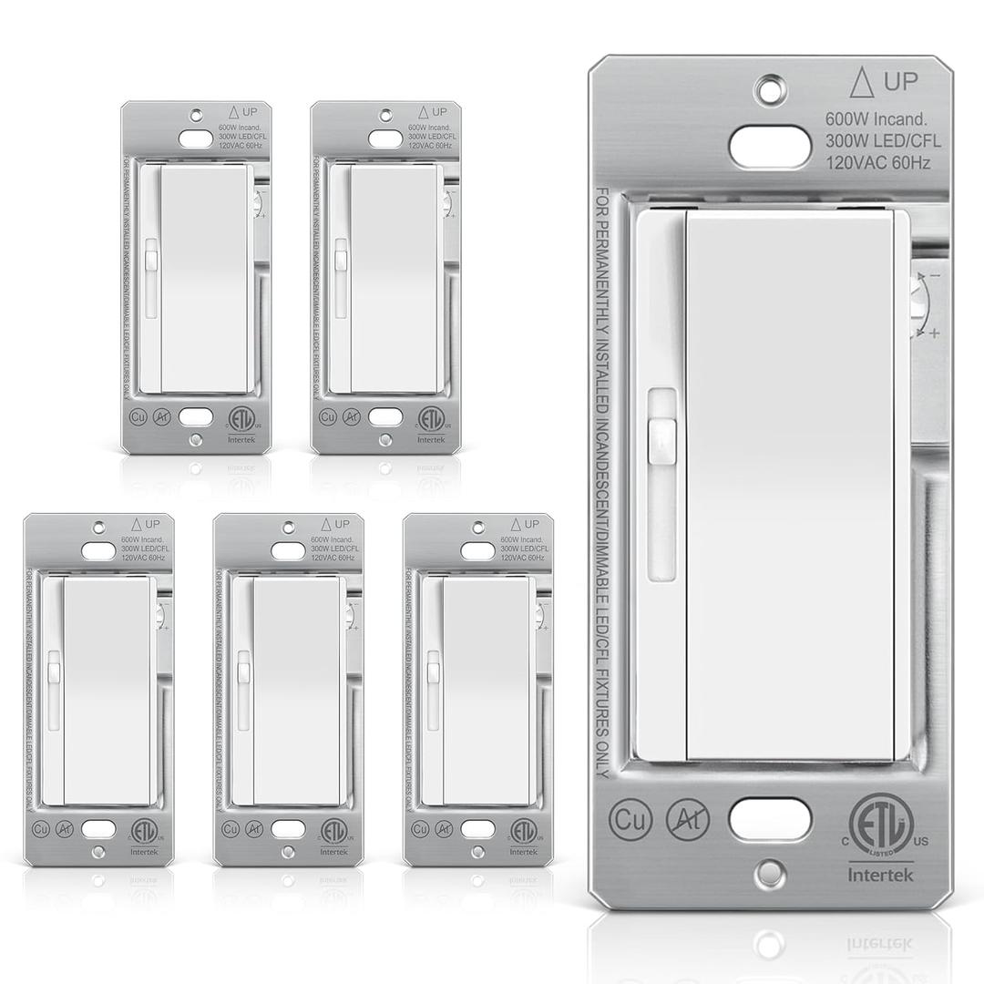 BESTTEN 6 Pack Super Slim Dimmer Light Switch, Quiet Rocker, Single Pole or 3 Way Dimmable Switch, Max 300W LED, CFL, 600W Incandescent, Screwless Wall Plate Included, ETL Listed, White