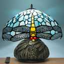 JHuiLap Tiffany Style Table Lamp,12x14 inches Stained Glass Lamp with Remote Control, Regulation Colors Temperature and Brightness,Ocean Blue Dragonfly Style Tiffany Mushroom Lamp for Bedside