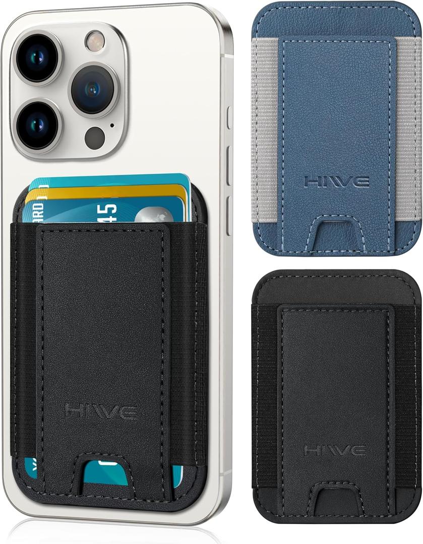 2 Pack Card Holder for Phone Case, Leather Phone Wallet Stick On, Strongest Adhesive Phones Wallet for iPhone/Android, Minimalist Slim RFID, Fit 7 Cards,Black & Blue