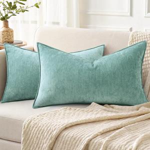 DecorUhome Summer Couch Throw Pillow Covers 12x20 Set of 2, Decorative Soft Velvet Modern Cozy Chenille Lumbar Pillow Cases with Elegant Design for Sofa Bed Living Room Home Decor, Aqua Haze