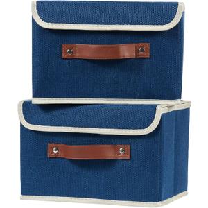 2PCS Storage Boxes with Lid Cotton Linen Fabric Storage Bins Organizer Container Decorative Collapsible Washable Shelf Closet Baskets Faux Leather Handles Home Bedroom (Deep Blue, Small)