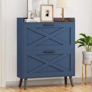 Homleke Farmhouse Shoe Storage Cabinet with Flip Drawers & Barn Door Design | Slim Narrow Shoe Rack Cabinet with Adjustable Shelves & Hidden Storage for Entryway, Foyer, Hallway, Living Room, Blue