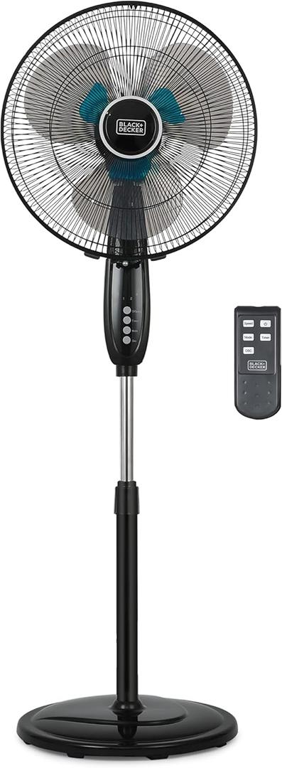 BLACK+DECKER 16" Dual Blade Standing Fan with Remote Control, Oscillating Floor Fan with 3 Speeds, Adjustable Height, 90-Degree Oscillation, 30-Degree Tilt, Shut-Off Timer, BFSD116B, Black