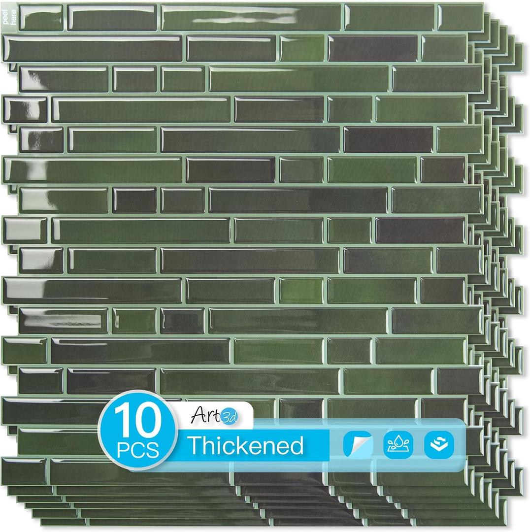 Art3d 10-Sheet Heavy-Duty Peel and Stick Backsplash, Waterproof Wall Tiles Stick on Kitchen Backsplash Living Space, Dark Green (12 x 12 Inch)