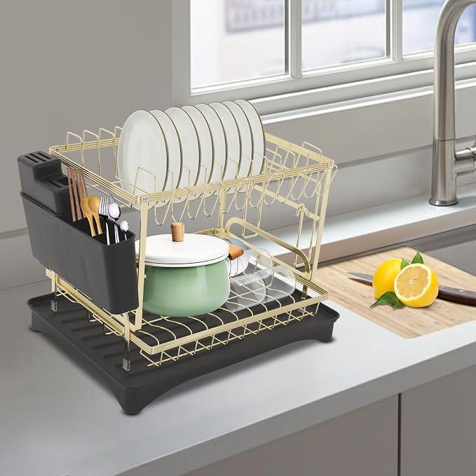2 Tier Dish Drying Rack with Drip Tray 2 Tier Dish Drainer for Kitchen Counter