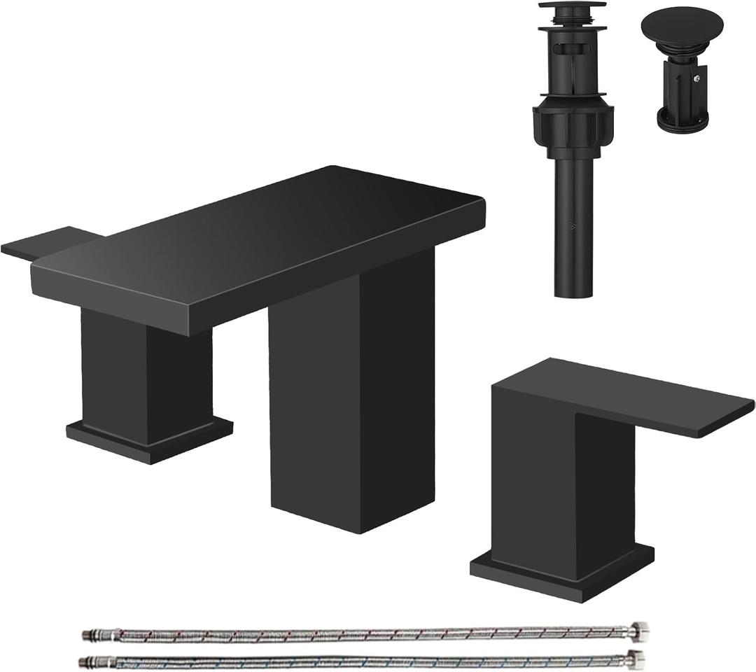 Hoimpro 8 Inch Widespread Waterfall Bathroom Sink Faucet, Square Two Handle Vanity Black Bathroom Faucet with cUPC Supply Hose, 3 Holes Faucet with Pop Up Drain, Stainless Steel, Matte Black