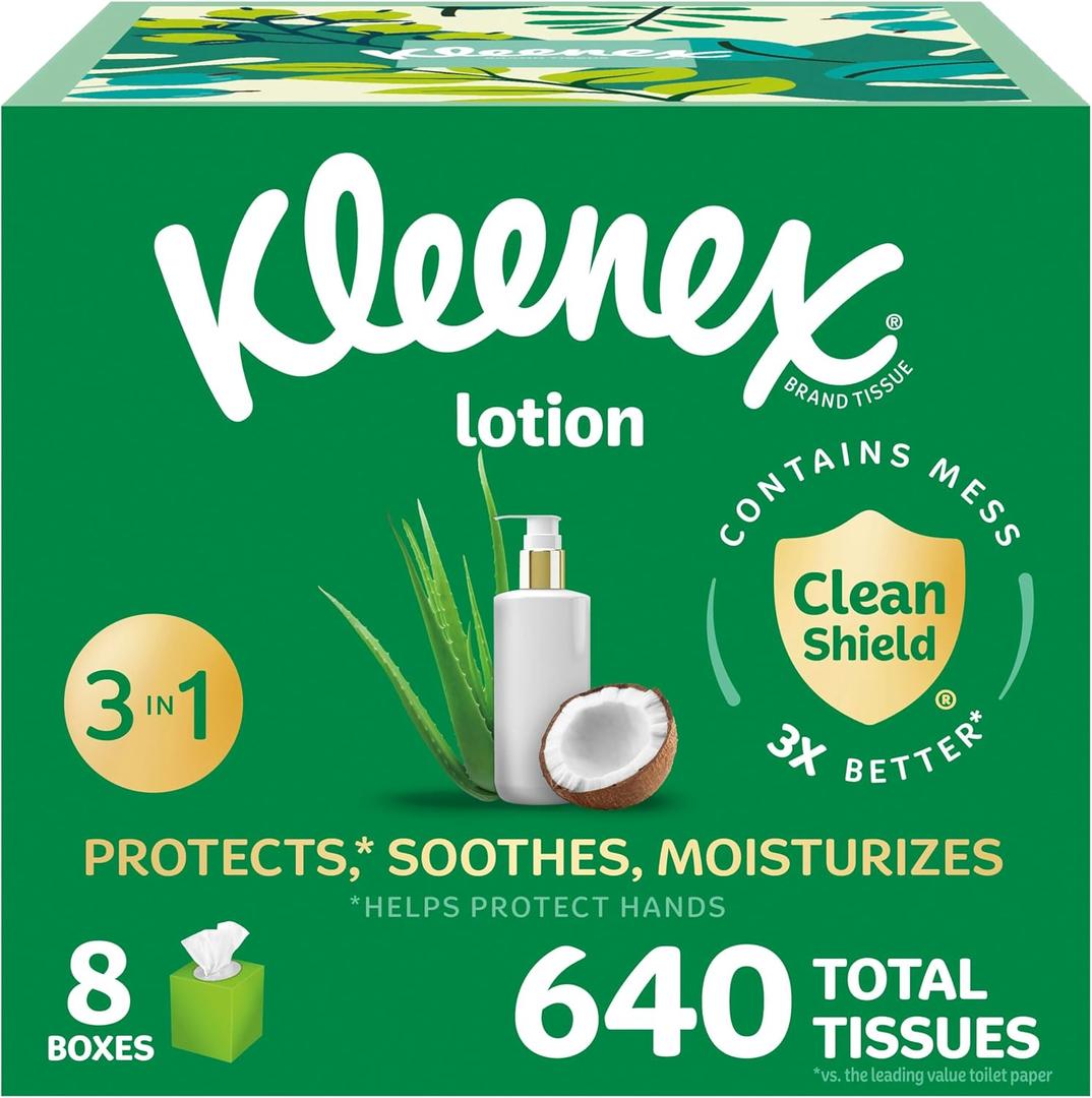Kleenex Lotion Facial Tissues with Coconut Oil, 8 Cube Boxes, 80 Tissues Per Box, 3-Ply (White) Kleenex Lotion Facial Tissues with Coconut Oil, 8 Cube Boxes, 80 Tissues Per Box, 3-Ply (White)