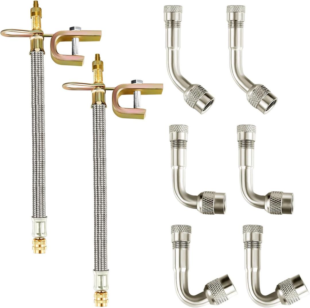 8 Pcs Valve Stem Extension Include 2 Pcs 7.1 Inch Braided Dual Tire Valve Extenders 6 Pcs 45 90 135 Degree Brass Valve Stem Extender for Dual Wheels Passenger Cars RV Bicycle Trailer(7.1 Inches)