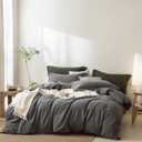 Pinstripe Duvet Cover Queen Size 90''W x 90'' L, Percale 100% Washed Cotton Dark Grey and Black Striped Duvet Cover with Zipper Closure Plus 2 Pillowcases, Oeko TEX Standard Certificated