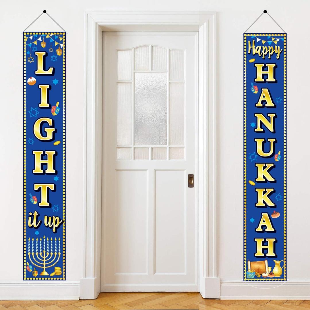 Happy Hanukkah Banner Hanukkah & Chanukah Decorations Porch Hanging Blue Welcome Sign for Home Holiday Party Outdoor Decor