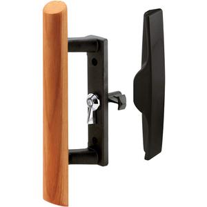Prime-Line C 1095 Sliding Glass Door Handle Set, 3-1/2 In., Diecast and Wood, Black, Hook Style, Internal Lock (Single Pack) (Black/Wood)