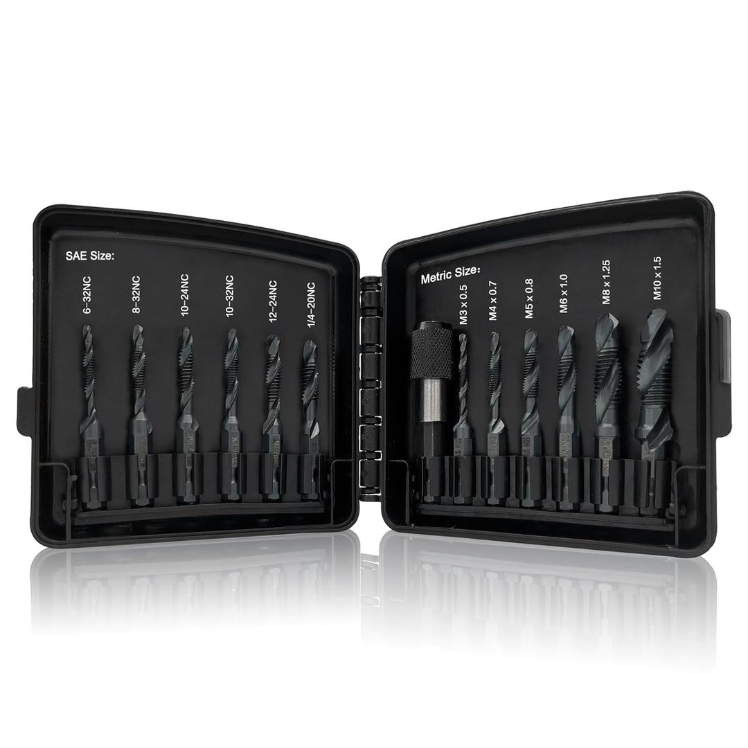 Drill & Tap Bits Set of 13 pcs - 6 SAE Sizes: 6-32NC to 1/4-20NC, 6 Metric Sizes: M3 to M10 and a Quick-Change Adapter  Combine Drilling Tapping Threading Countersinking Functions in One Bit, Black
