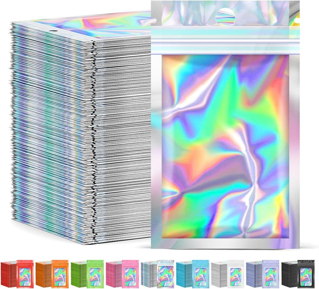 JETMORE 300 Pcs Mylar Bags, Smell Proof Bags Foil Pouch, Holographic Resealable Bags for Small Business, Candy Sample Jewelry Bag Sealable Packaging for Party Favor Food Storage (2.4x3.9in)