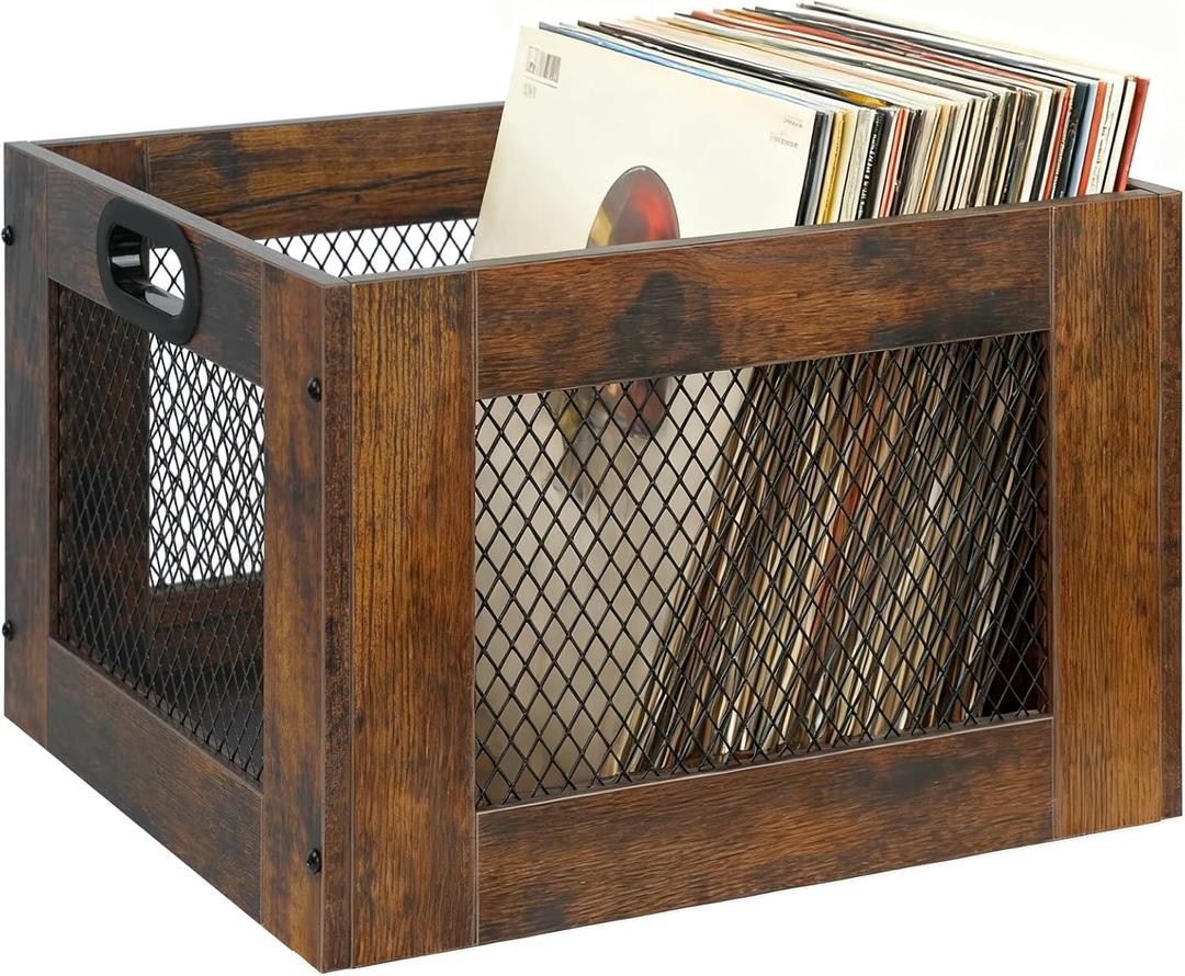 Vinyl Record Organizer - Wooden Record Storage, Classic Cube Record Holder to Store More Than 100 Records, Brown Vinyl Record Holder for Photo Albums Super Easy to Assemble