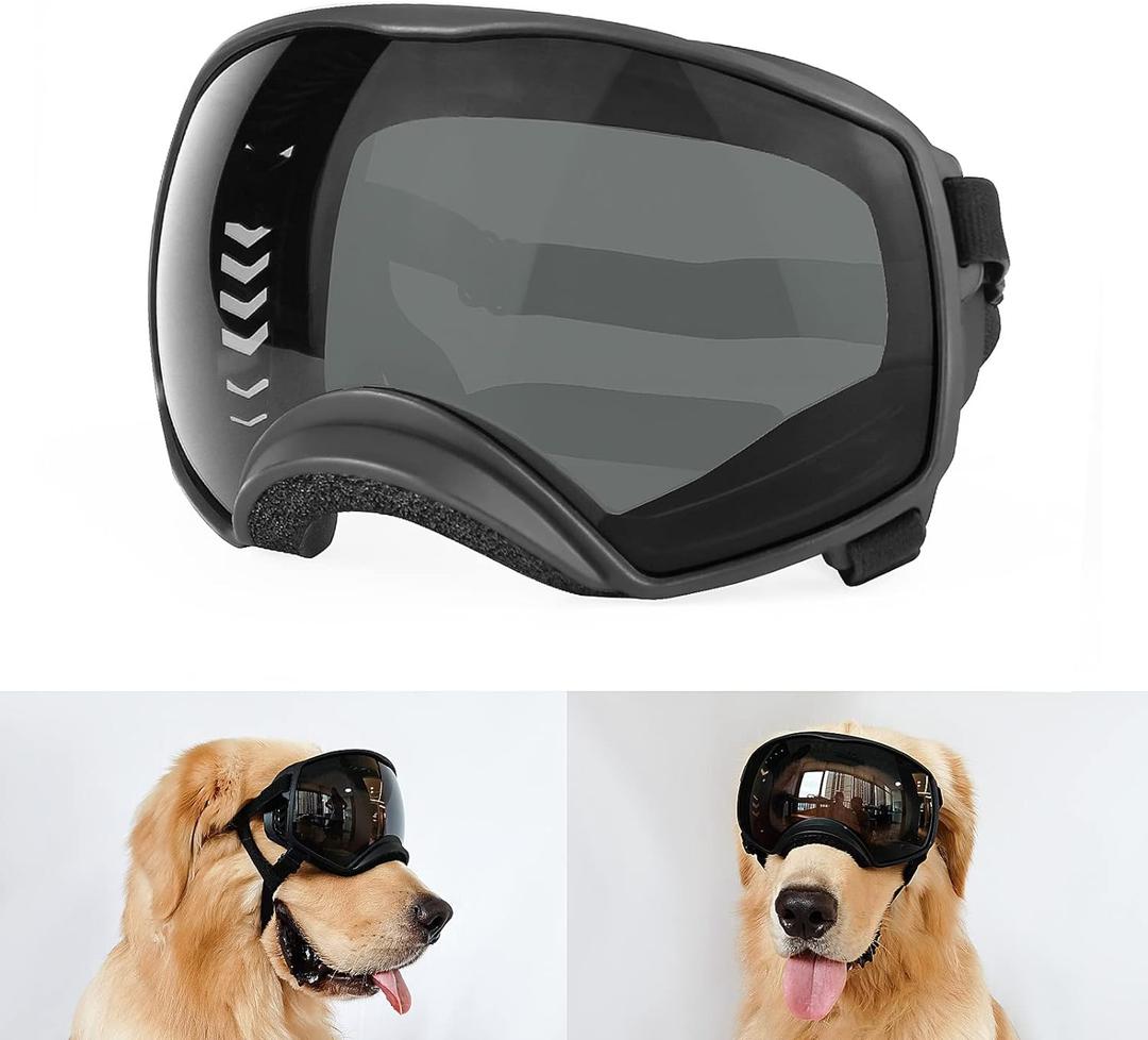 PETLESO Dog Goggles for Large Breed, Dog Sunglasses Medium Large Breed Wide View Pet Eye Protection with Adjustable Straps for Driving Riding Hiking, Black Lens