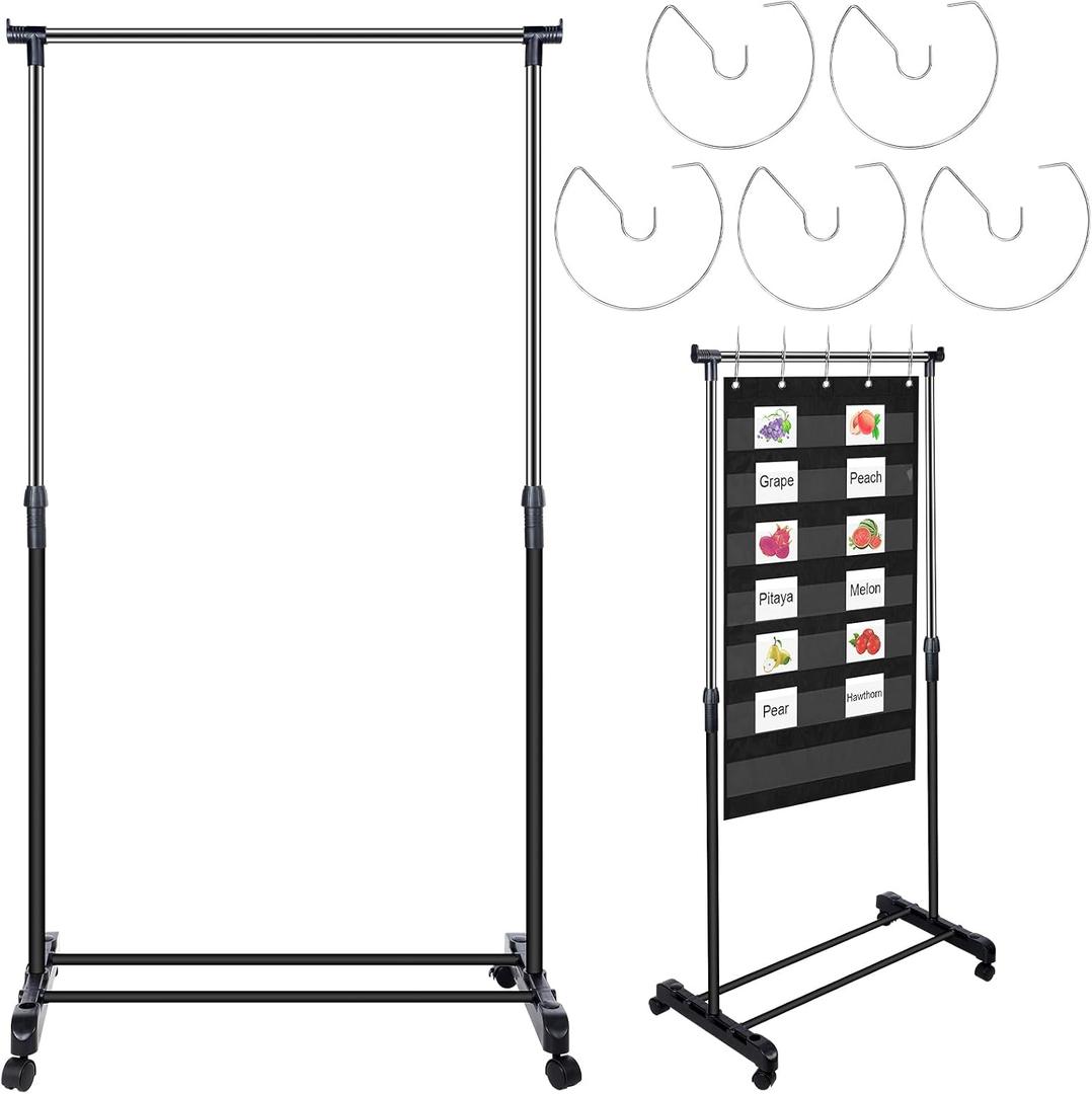 Fuyoooo Adjustable Pocket Chart Stand Stainless Steel Expandable Chart Stand with Casters Rolling Anchor Holder with 5 Rings for Classroom Home Educational Tools, Adjustable to 63 Inch(Black), 74 to 80 Inches