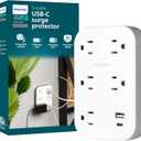 Philips EZFit 5-Outlet Extender Wall Tap with Surge Protection, Grounded Adapter, Charging Station, 3 Prong, 1 USB-A, 1 USB-C, 900J, White, SPP3513W/37