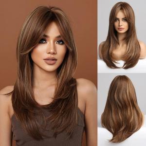 HAIRCUBE Brown Wigs for Women,Long Layered Brown with Blonde Highlight Wigs with Bangs Heat Resistant Synthetic Fibre Wigs(pelucas de cabello natural)